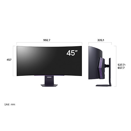 LG UltraGear Monitor 45GS95QE-B displaying product dimensions in front and side profile, measuring 992.7 mm width, 457 mm display height, 537.7 mm total height, and 335.1 mm depth.
