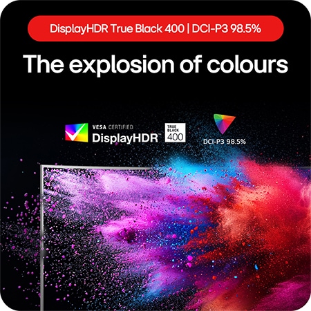 LG UltraGear Gaming Monitor 45GS95QE-B showcasing an explosion of colors thanks to DisplayHDR True Black 400 and DCI-P3 98.5% color gamut coverage.