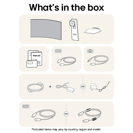 LG UltraGear Gaming Monitor 45GS95QE-B showing an overview of all included components, including the monitor body, stand parts, manual, and HDMI, DP, and USB cables.