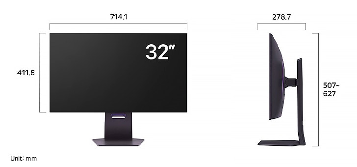 LG UltraGear Monitor 32GS95UE-B displaying product dimensions in front and side profile, measuring 714 mm width, 411.8 mm display height, 507 mm total height, and 266 mm depth.