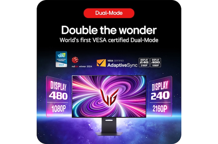 LG UltraGear Gaming Monitor 32GS95UE-B, showcasing the VESA-certified Dual Mode feature with 4K 240Hz and Full HD 480Hz refresh rates.