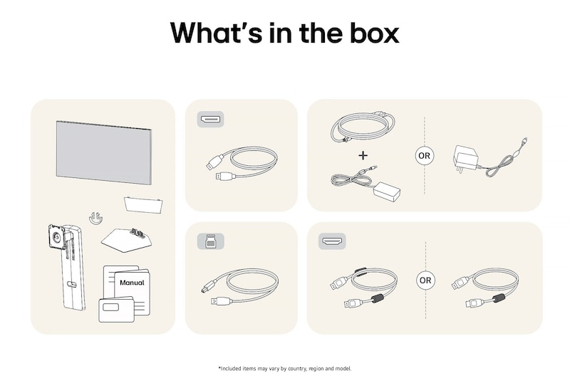 Image of the accessories included with the LG UltraGear Monitor 32GS95UE-B, detailing the manual, AC power adapter, and the included HDMI or DisplayPort cable options.