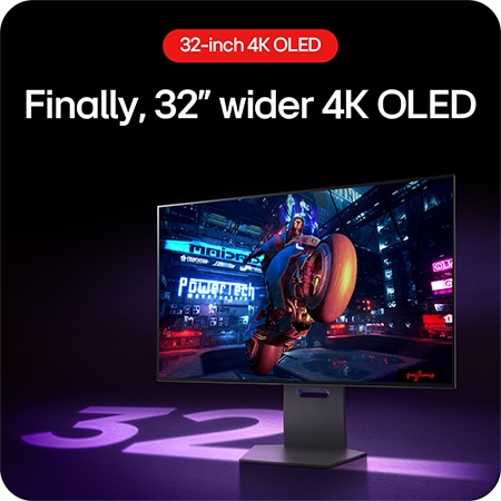 LG UltraGear Gaming Monitor 32GS95UE-B, showcasing the 32-inch OLED display for a wider, more immersive gaming experience.