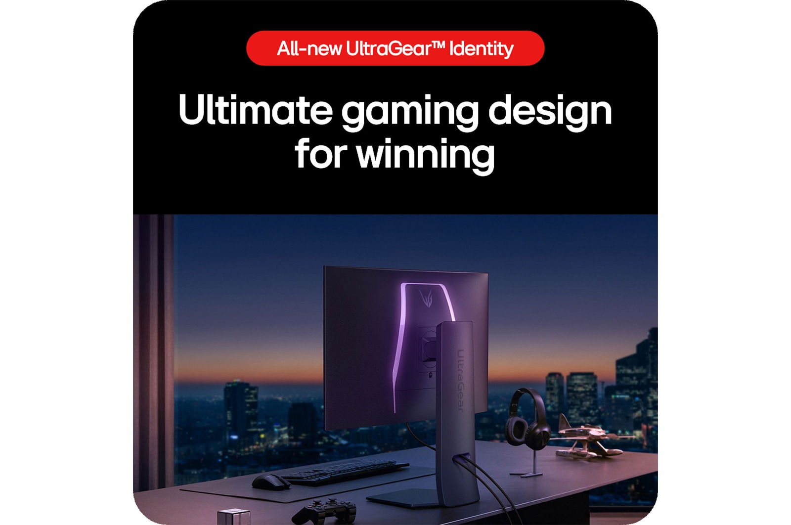 LG UltraGear Gaming Monitor 32GS95UV-B, showcasing the ultimate gaming design with a minimalist stand and UltraGear lighting built for winning.