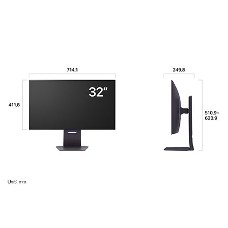 LG UltraGear Gaming Monitor technical drawing: 32-inch display dimensions (W 714.1 mm, H 411.8 mm) and adjustable height (510.9 mm to 620.9 mm).