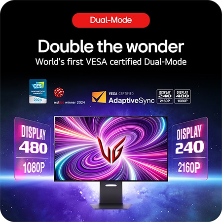 LG UltraGear Gaming Monitor 32GS95UV-B, showcasing the VESA-certified Dual Mode feature with 4K 240Hz and Full HD 480Hz refresh rates.