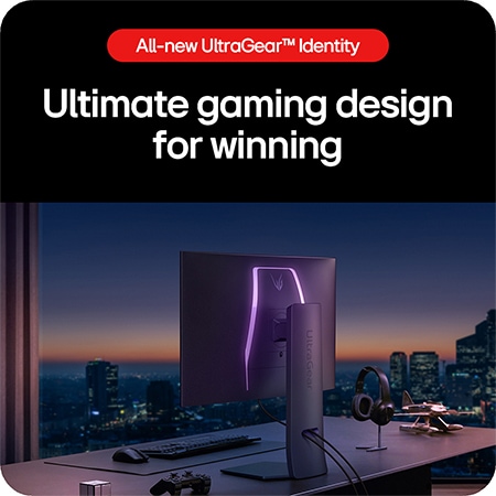 LG UltraGear Gaming Monitor 32GS95UV-B, showcasing the ultimate gaming design with a minimalist stand and UltraGear lighting built for winning.