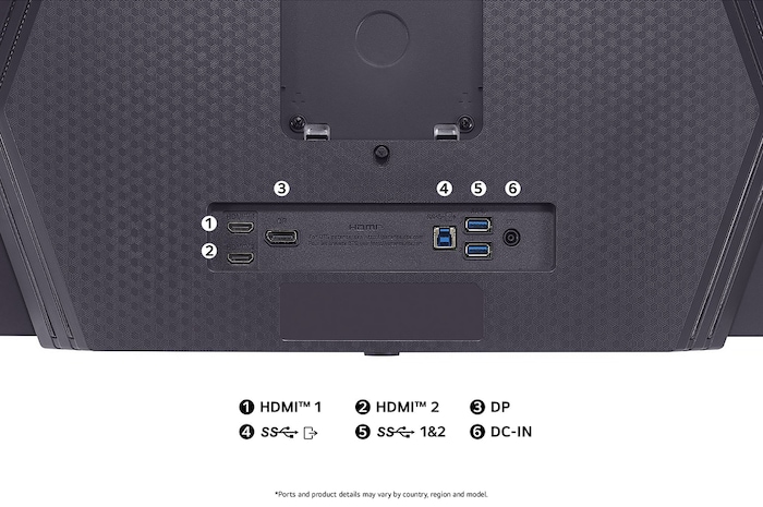 Rear view of the LG Monitor 27GX790A in a dark finish, illustrating the port specifications including dual HDMI™ ports, DP-IN, two USB connections, and DC-IN power input.