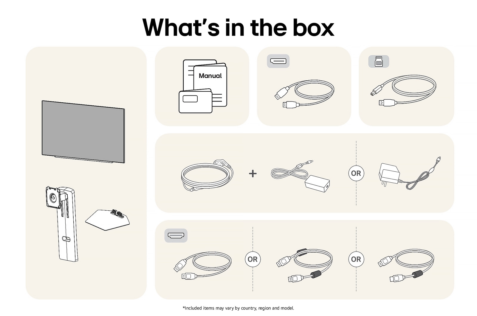 LG Monitor 27GX790A showing an overview of all included components, including the monitor body, stand parts, manual, power adapter, and HDMI and DP cables.