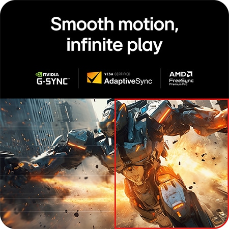 LG Monitor 27GX790A ensures a smooth gaming experience by supporting NVIDIA G-SYNC Compatible, VESA AdaptiveSync, and AMD FreeSync Premium Pro.