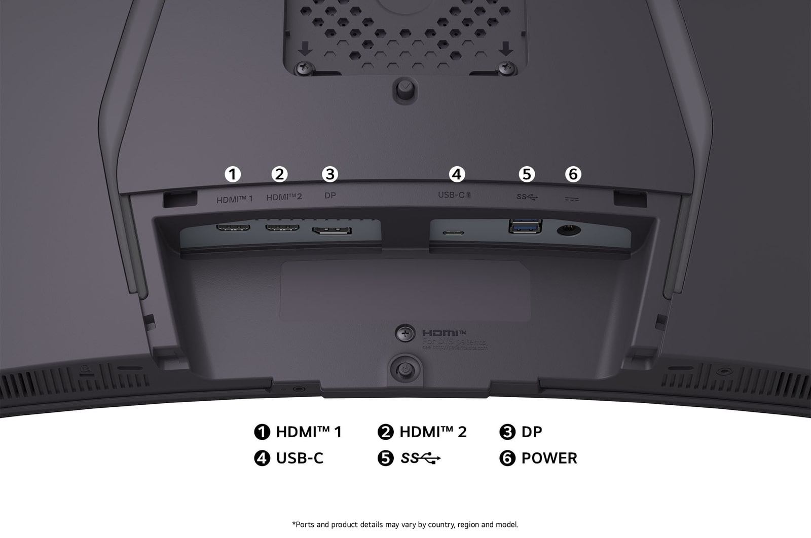 Rear view of the LG Monitor 39GX900A in a dark finish, illustrating the port specifications including dual HDMI™ ports, DP, USB-C, and a USB connection.