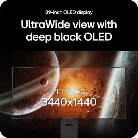 LG Monitor 39GX900A showcases the 39-inch UltraWide OLED display, highlighting 21:9 WQHD (3440x1440) resolution and deep black OLED technology for impressive visuals.