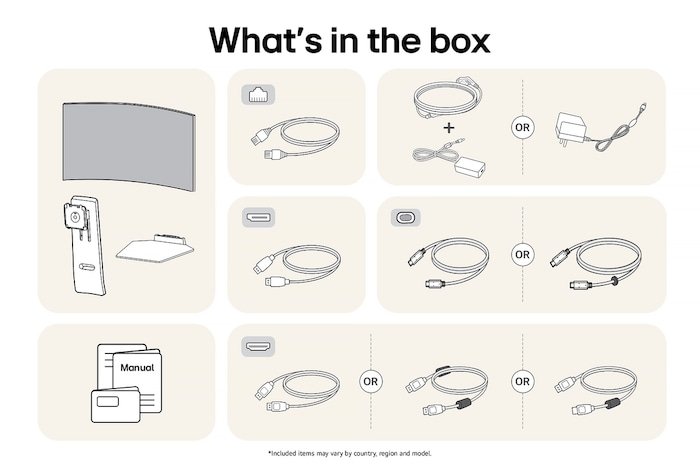 LG Monitor 45GX900A-B showing an overview of all included components, including the monitor body, stand parts, manual, power adapter, and USB-C, DP, and HDMI cables.
