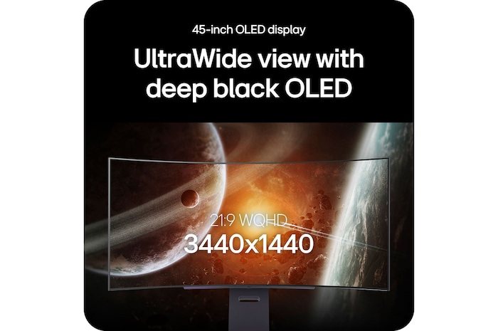 LG Monitor 45GX900A showcases the 45-inch UltraWide OLED display, highlighting 21:9 WQHD (3440x1440) resolution and deep black OLED technology for impressive visuals.