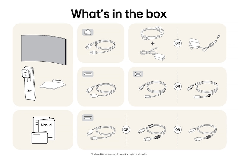 LG Monitor 45GX900A showing an overview of all included components, including the monitor body, stand parts, manual, power adapter, and USB-C, DP, and HDMI cables.