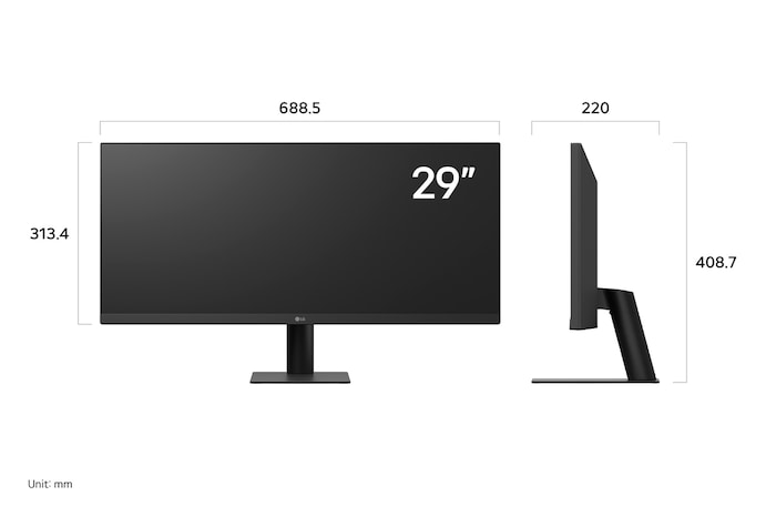 LG Monitor 29U511A in a black finish displaying product dimensions in front and side profile, measuring 688.5 mm width, 313.4 mm display height, 408.7 mm total height, and 220 mm depth.
