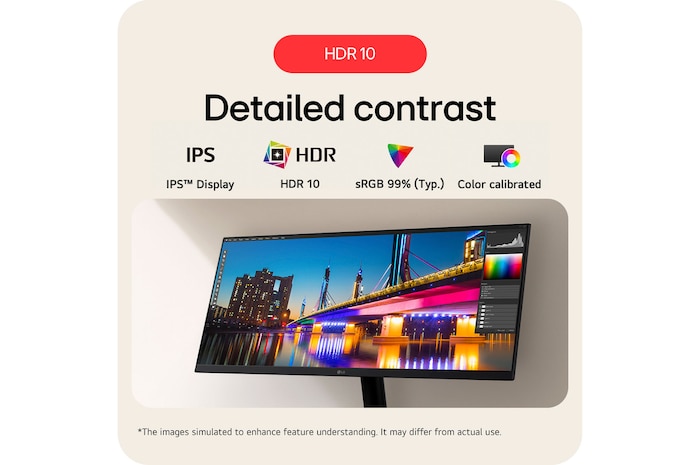 LG Monitor 29U511A showcasing detailed contrast thanks to HDR 10, IPS™ Display, and sRGB 99% (Typ.) color coverage.