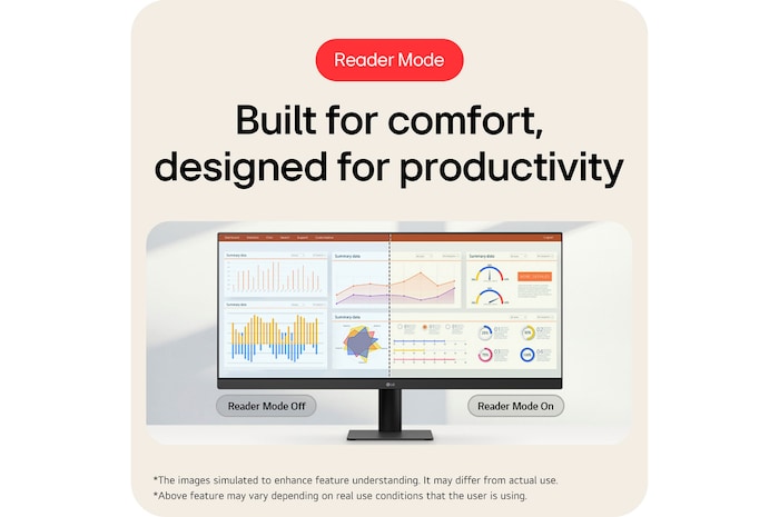 LG Monitor 29U511A demonstrating the Reader Mode, which is built for comfort and developed for productivity by reducing blue light emission.