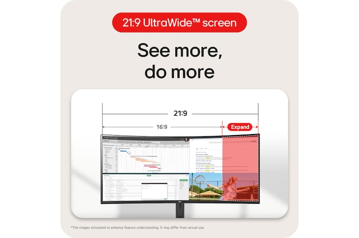 LG Monitor 34WR50QK showcases the 21:9 UltraWide™ screen, offering more screen real estate for multitasking and expanded functions.