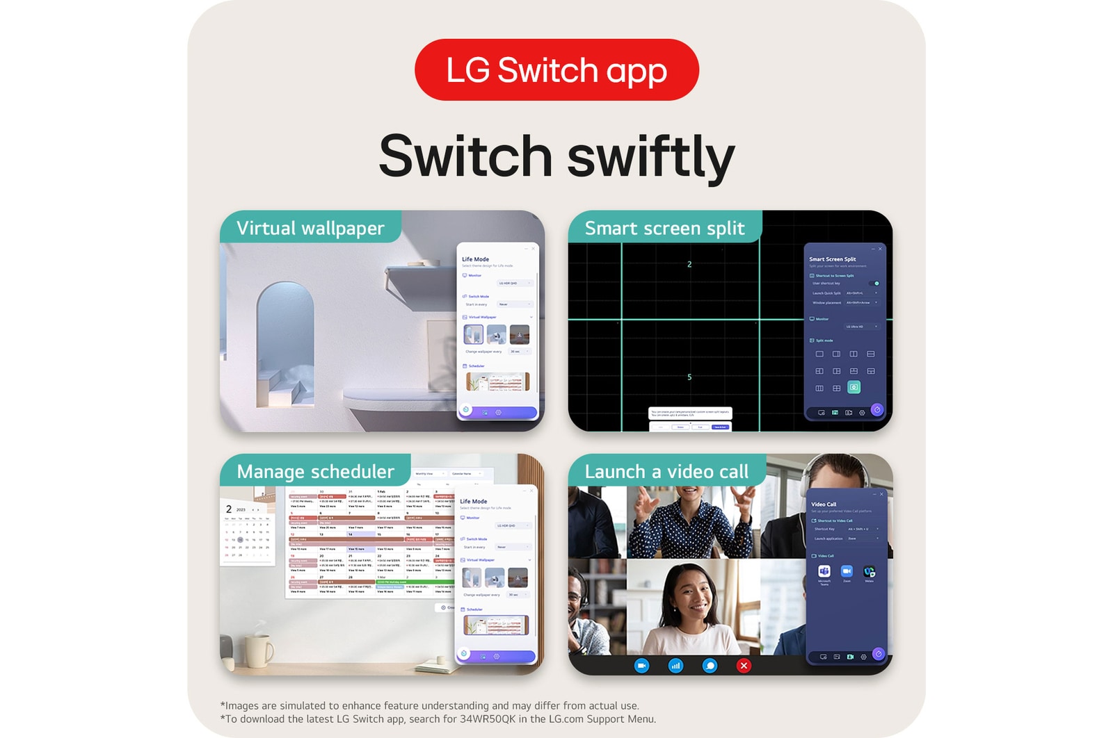 LG Monitor 34WR50QK showcasing the LG Switch App for quick switching between virtual wallpapers, Smart Screen Split, scheduler management, and video calls.