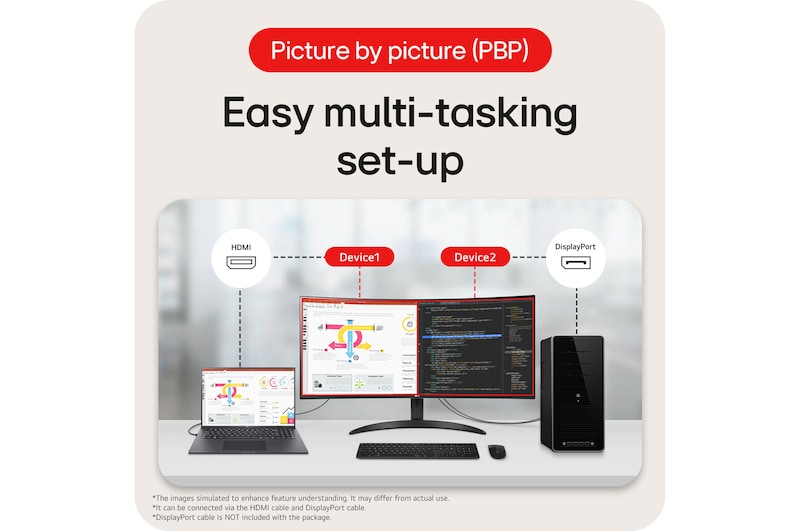 LG Monitor 34WR50QK demonstrating Picture-by-Picture (PBP) technology, which allows for easy multitasking setup with two separate devices.