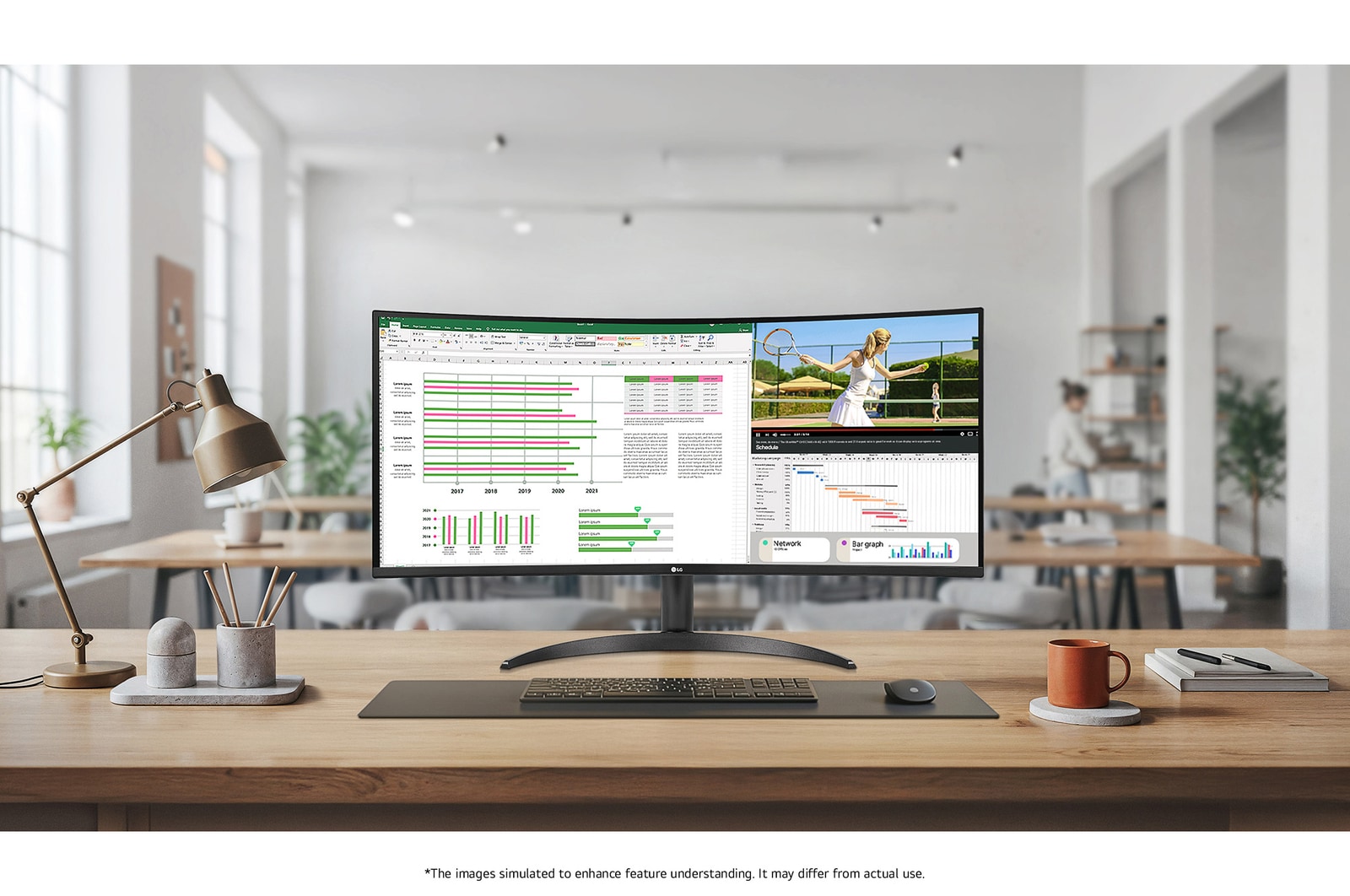 LG Monitor 34WR50QK in a modern home office setup, showcasing the curved 21:9 UltraWide Display simultaneously running spreadsheet and video applications.