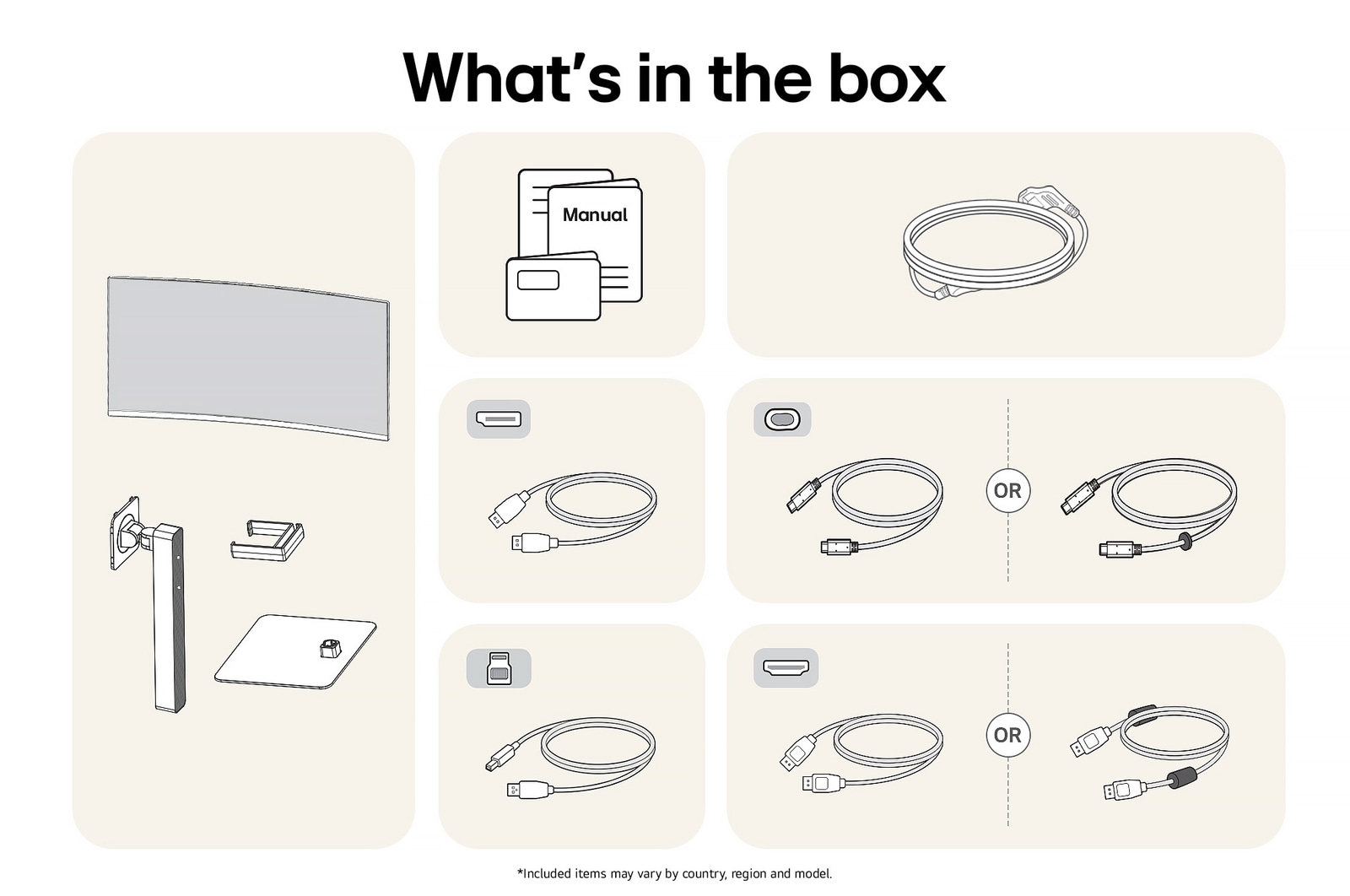 LG UltraWide Monitor 38WR85QC in a white finish showing an overview of all included components, including the monitor body, stand, manual, USB-C, HDMI, and DP cables.