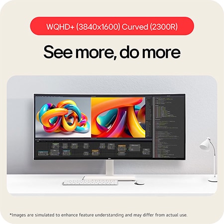 The LG UltraWide Monitor 38WR85QC in a white finish provides a large workspace for professional multitasking with its WQHD+ (3840x1600) resolution and 2300R curvature.