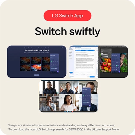 The LG UltraWide Monitor 38WR85QC in a white finish, featuring the LG Switch App, allows swift switching between custom settings, multitasking, and video conferencing.