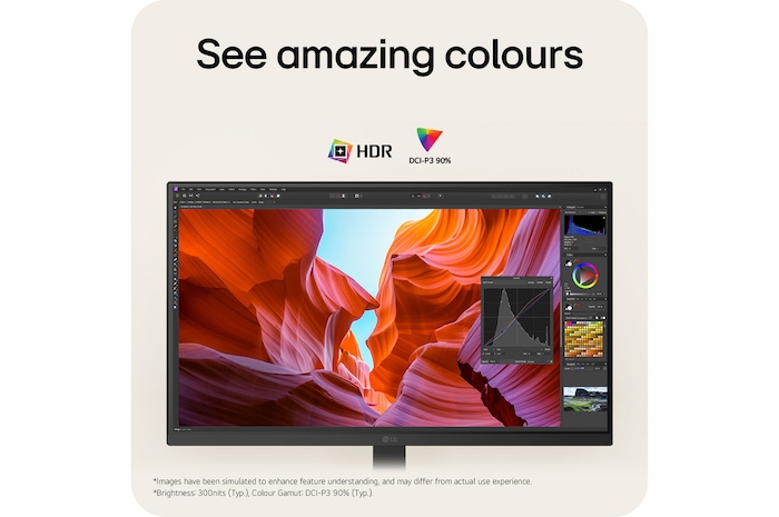 The LG Monitor 27BA45U in a matte black finish, featuring DCI-P3 90% colour gamut and HDR support, displays amazing and vivid colours for professional work.