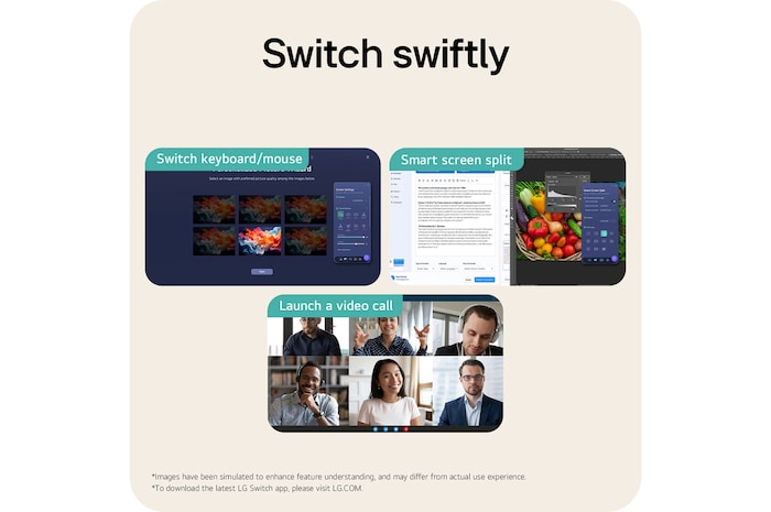 The LG Monitor 27BA45U in a matte black finish utilizes App-based features for swift multitasking, including KVM/mouse switching, Smart Screen Split, and launching video calls.