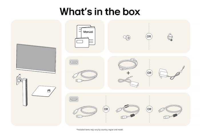The LG Monitor 27BA45U in a matte black finish showing an overview of all included components, including the monitor body, stand parts, manual, HDMI, and DP cables.