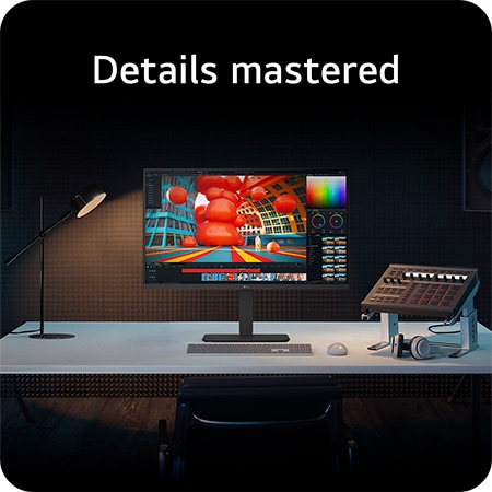 LG Monitor 32U720A in a professional studio setup, displaying color grading software and emphasizing precise color reproduction for detailed video and image editing.