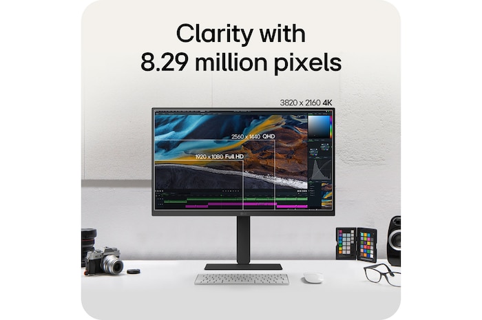 LG Monitor 27U730A emphasizing clarity through 8.29 million pixels with 4K UHD (3840x2160) resolution, demonstrating precise details for video editing and design.