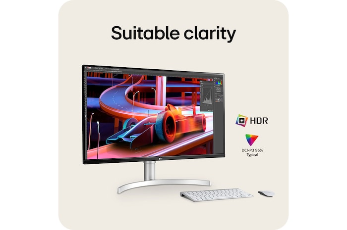 LG Monitor 32UN650K, featuring DCI-P3 95% colour gamut and HDR support, delivers suitable clarity and amazing colours for design and media applications.