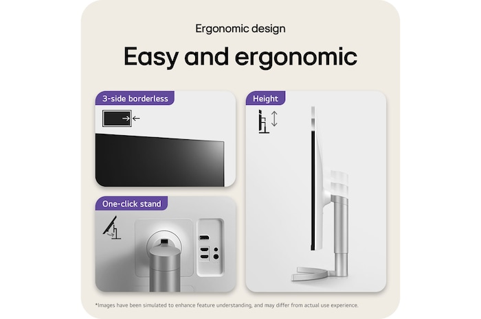 LG Monitor 32UN650K, featuring an ergonomic design and One-click stand, offers a 3-side borderless bezel and height adjustment for easy setup and comfort.