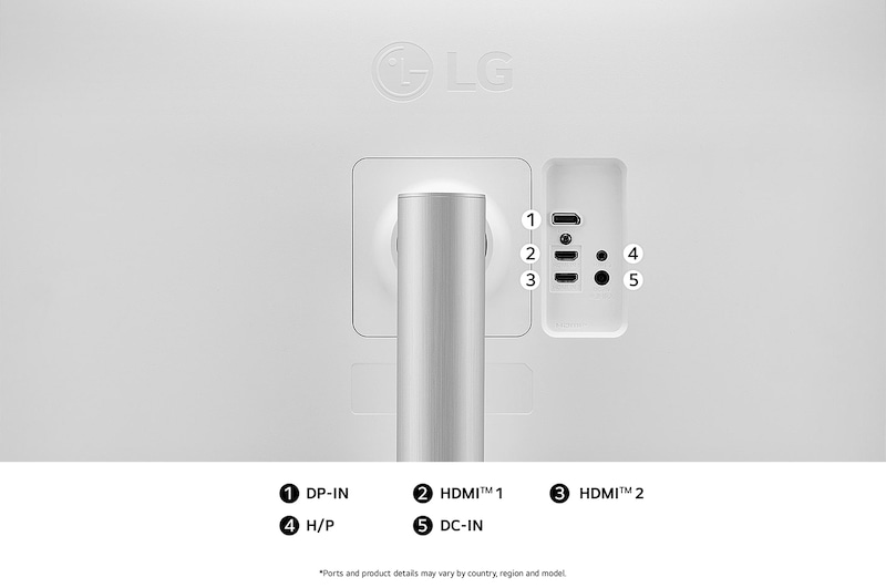 Rear view of the LG Monitor 27UP650K in a white finish, illustrating the port specifications including USB-C Upstream, DP-IN, dual HDMI™ ports, and dual USB-A connections.