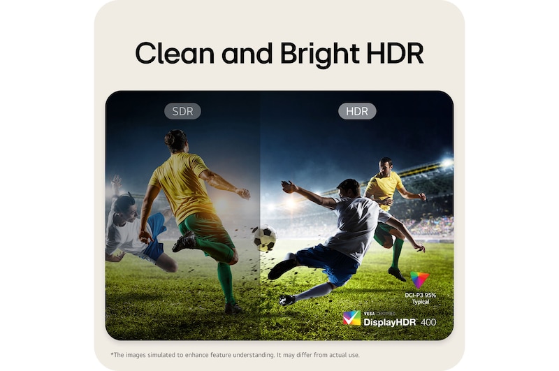 LG Monitor 27UP650K delivers clear and bright HDR with VESA DisplayHDR™ 400 certification and 95% DCI-P3 color gamut, shown in comparison to SDR.