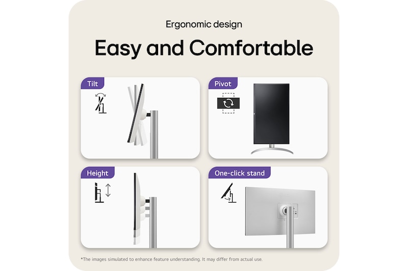LG Monitor 27UP650K showcasing the ergonomic design with features including Tilt, Pivot, Height adjustment, and One-click stand assembly for simple use.