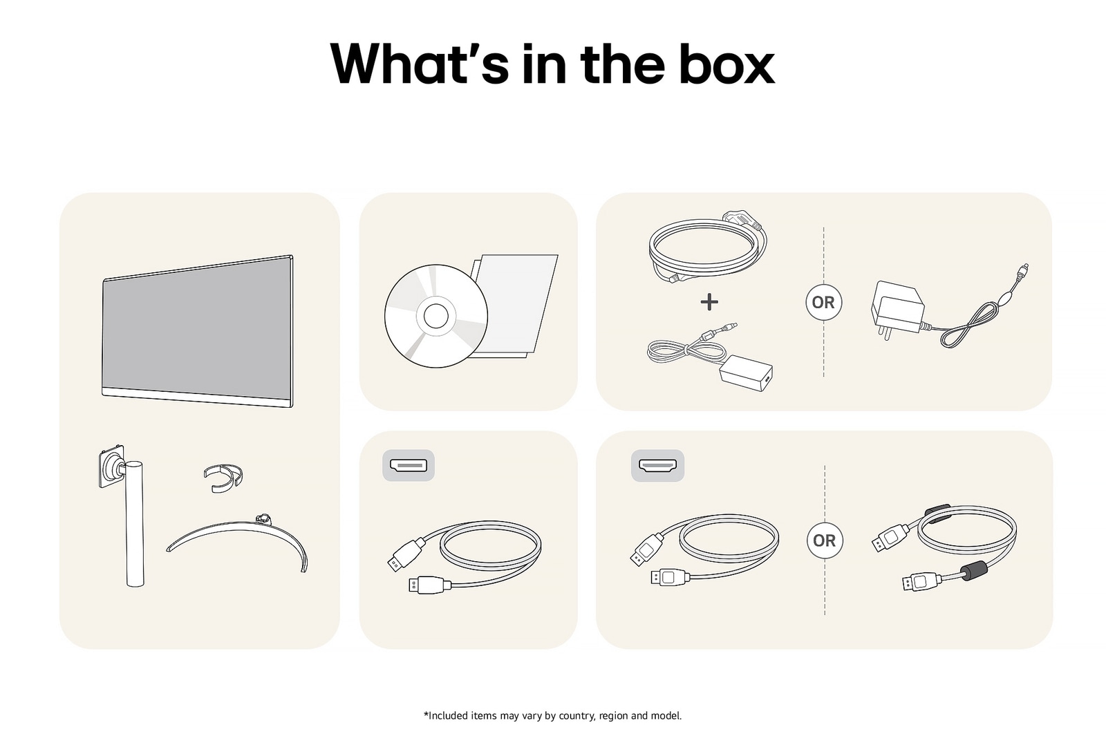 LG Monitor 27UP650K showing an overview of all included components, including the monitor body, stand parts, manual, power adapter, and HDMI and DP cables.