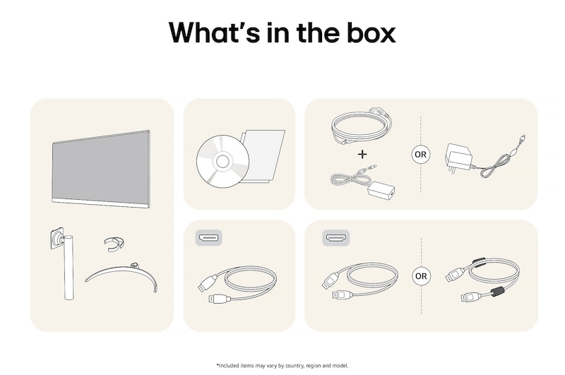 LG Monitor 27UP650K showing an overview of all included components, including the monitor body, stand parts, manual, power adapter, and HDMI and DP cables.