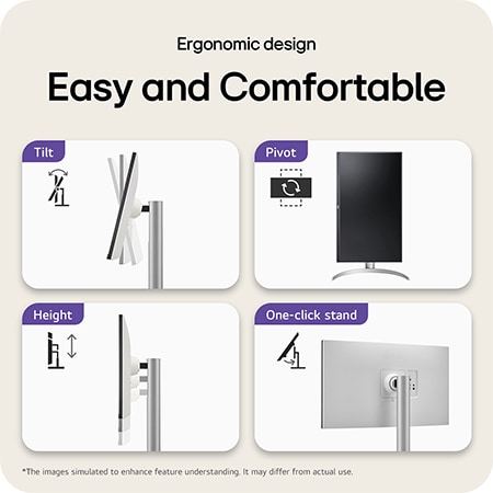 LG Monitor 27UP650K showcasing the ergonomic design with features including Tilt, Pivot, Height adjustment, and One-click stand assembly for simple use.