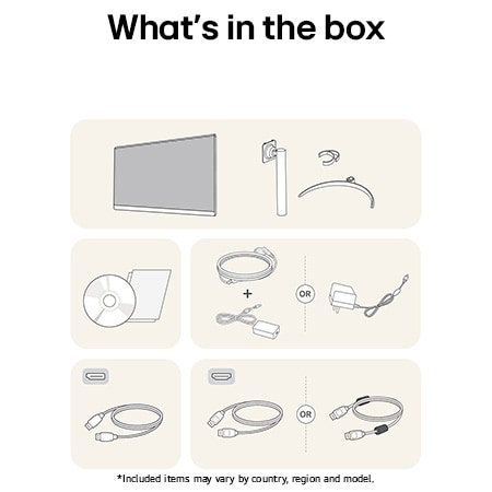 LG Monitor 27UP650K showing an overview of all included components, including the monitor body, stand parts, manual, power adapter, and HDMI and DP cables.