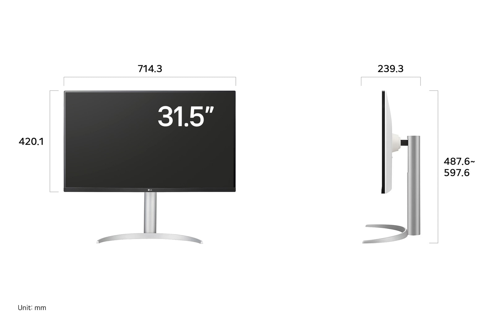 LG Monitor 32UP83AK displaying dimensions, measuring 714.3 mm width, 420.1 mm display height, 487.6 mm to 597.6 mm total height, and 239.3 mm depth.