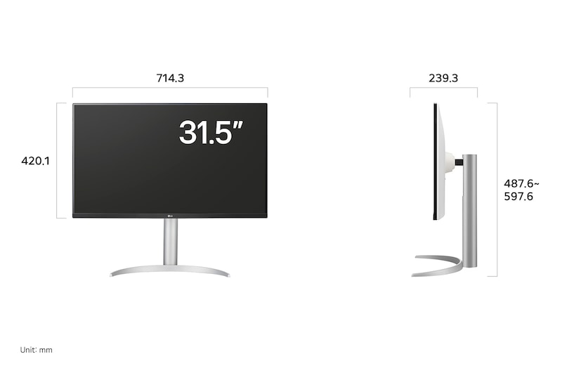 LG Monitor 32UP83AK displaying dimensions, measuring 714.3 mm width, 420.1 mm display height, 487.6 mm to 597.6 mm total height, and 239.3 mm depth.