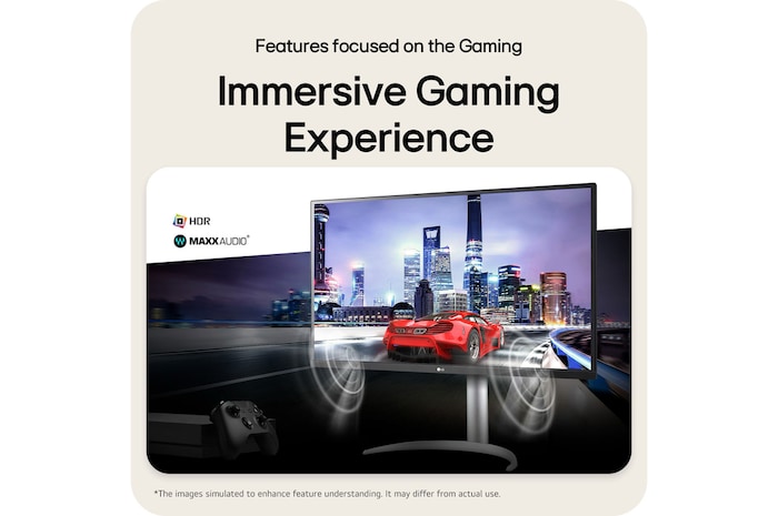 LG Monitor 32UP83AK features MaxxAudio® and HDR technology, delivering an immersive gaming experience with rich sound in console setups.