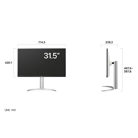 LG Monitor 32UP83AK displaying dimensions, measuring 714.3 mm width, 420.1 mm display height, 487.6 mm to 597.6 mm total height, and 239.3 mm depth.