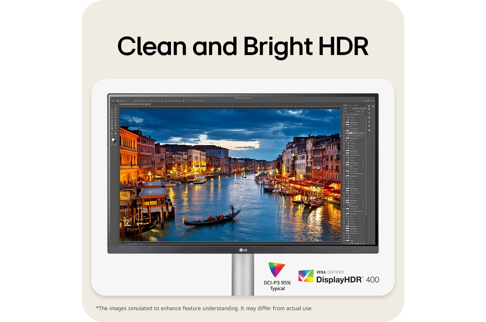 LG Monitor 27UP850K delivers clear and bright HDR with VESA DisplayHDR™ 400 certification and 95% DCI-P3 color gamut for precise photo editing.
