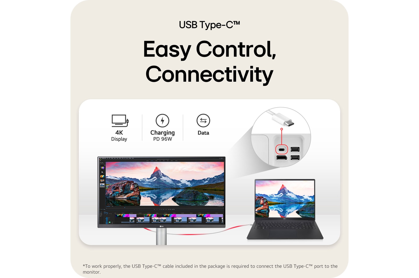 LG Monitor 27UP850K showcasing hassle-free USB-C connectivity, supporting 4K display, data, and 96W Power Delivery over a single cable.