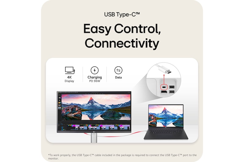 LG Monitor 27UP850K showcasing hassle-free USB-C connectivity, supporting 4K display, data, and 96W Power Delivery over a single cable.